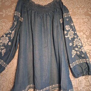 J JILL DENIM Womens Large Blue Chambray Embroidered  Pullover Peasant Boho Top